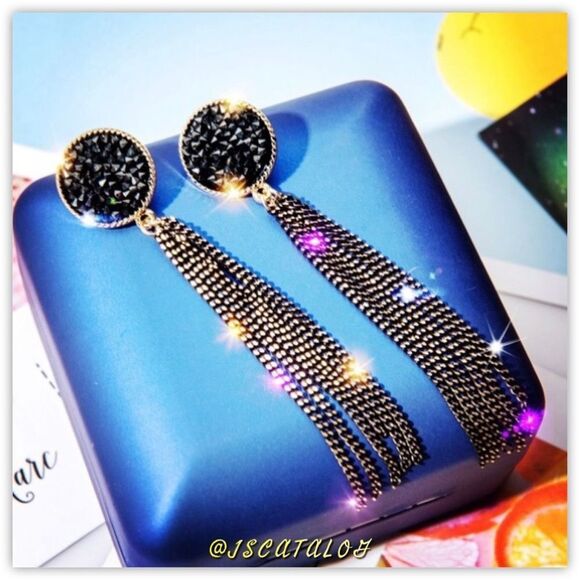 12mm Black Druzy on Gold Plated Long Tassel Earrings - Picture 2 of 5